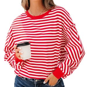 Women's Red Stripe Exposed Seam Drop Shoulder Long Sleeve Casual Pullover Top - Main View