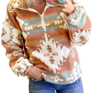 Women's Khaki Quarter Zip Aztec Print Sweatshirt with Elastic Cuffs - Main View