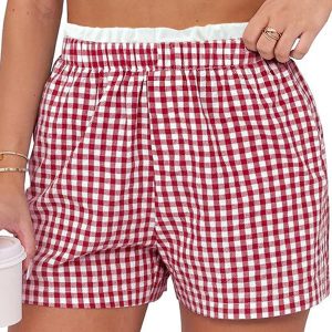 Plus Size Women's Red Contrast Trim Plaid Print Shorts – Casual Summer Style