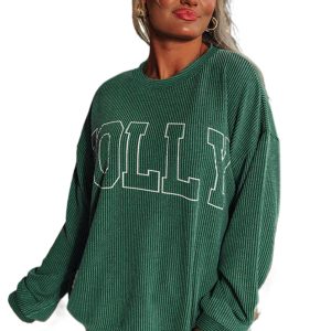 Women's Blackish Green Long Sleeve Top with Twisted Rib and Merry Letter Graphic – Casual Daily Wear for Fall Comfort - Main View