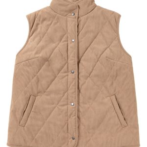 Women's Camel Plus Size Quilted Corduroy Vest Jacket – Snap Button V-Neck for Casual Daily Wear