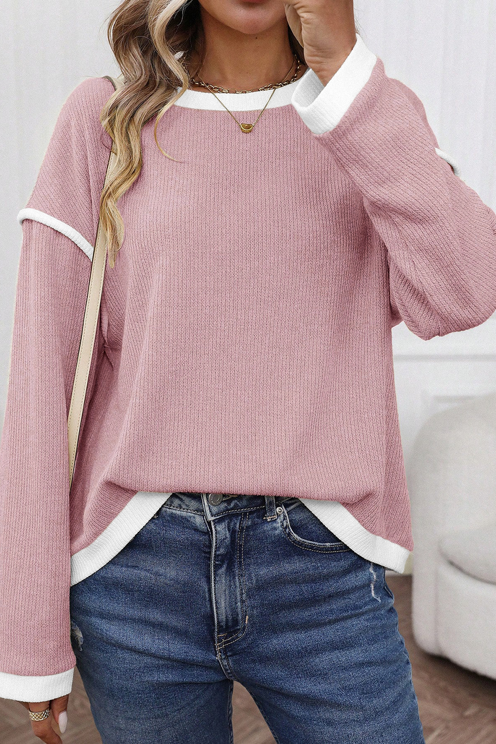Trendy Light Pink Round Neck Long Sleeve Top with Colorblock Design - Detail View 2