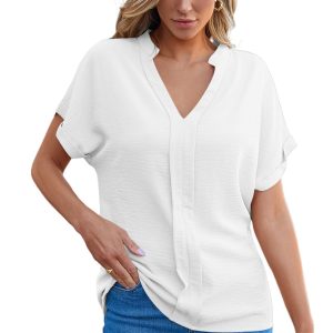 Elegant Women's White Notched Neck Batwing Sleeve Lightweight Blouse for Summer - Main View