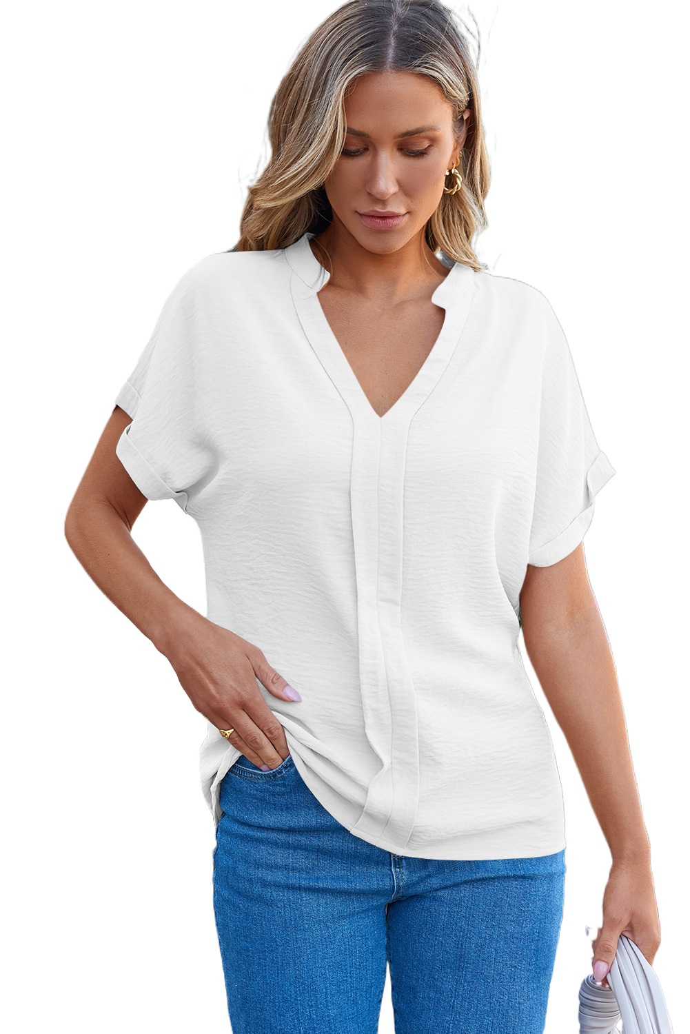 Elegant Women's White Notched Neck Batwing Sleeve Lightweight Blouse for Summer - Main View