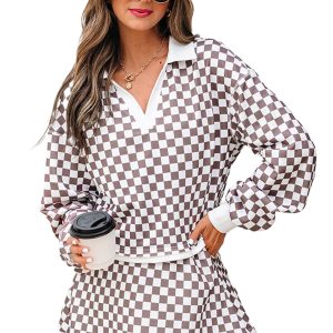 Khaki Checkered Print Polo Collar Cropped Long Sleeve Top with Drawstring Mini Skirt Set - Main View