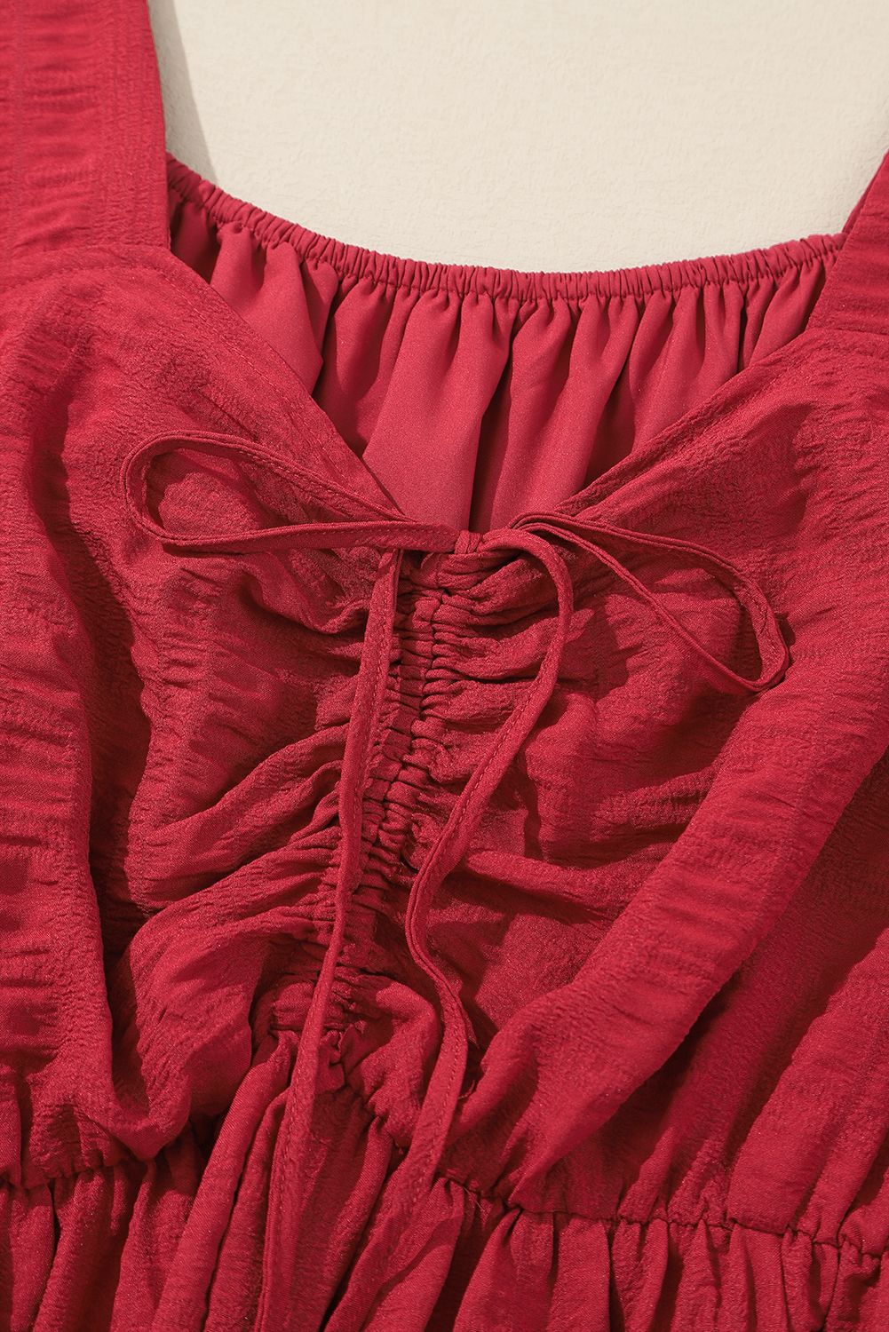 Elegant Long Sleeve Fiery Red Midi Dress - Plus Size with Drawstring Details - Detail View 14