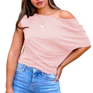 Gossamer Pink Asymmetric Neck Blouse for Women – Stylish Casual Short Sleeve Top