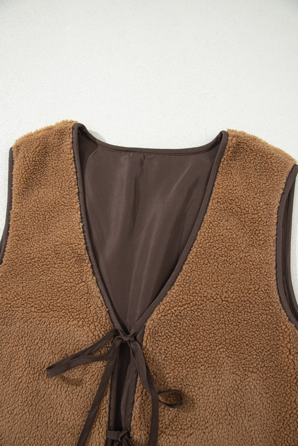 Women's Vest, Light French Beige, Sherpa, Contrast Trim, Tie Front, Cozy Fleece, Western Style, Casual Outerwear, Sleeveless, Fall Fashion, Versatile Layering Piece, Daily Wear - Detail View 8
