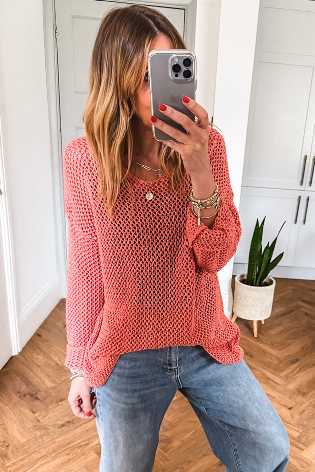 Women's Coral Crochet Hollow-Out Jumper Top Sweater - Boho Chic Style - Detail View 5