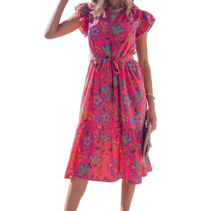 Women's Rose Floral Midi Dress – Flutter Sleeve A-Line Summer Dress with Belt - Main View