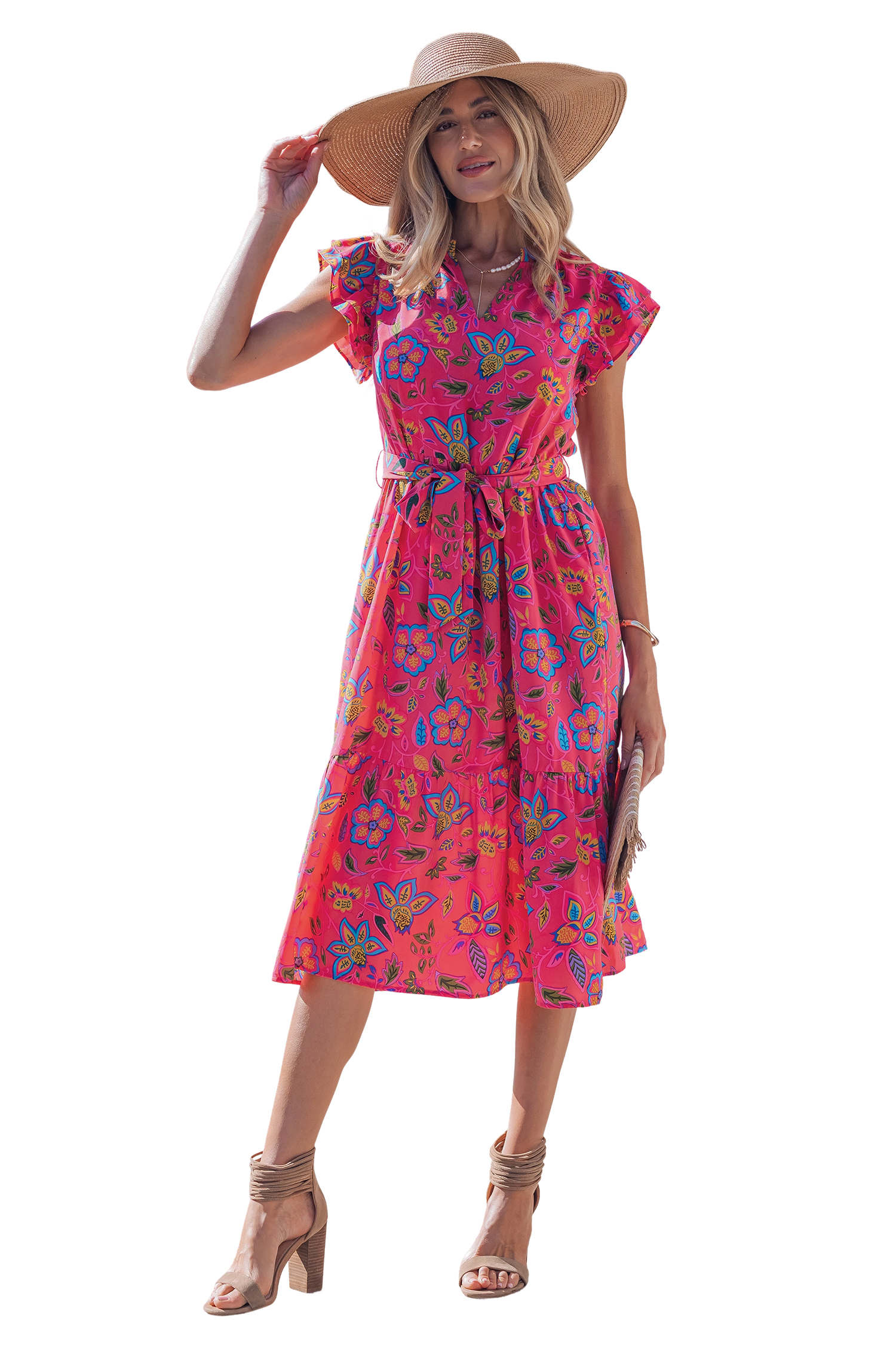 Women's Rose Floral Midi Dress – Flutter Sleeve A-Line Summer Dress with Belt - Main View