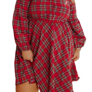 Women's Red Plus Size Plaid Half-Button Long Sleeve Casual Dress for Daily Wear
