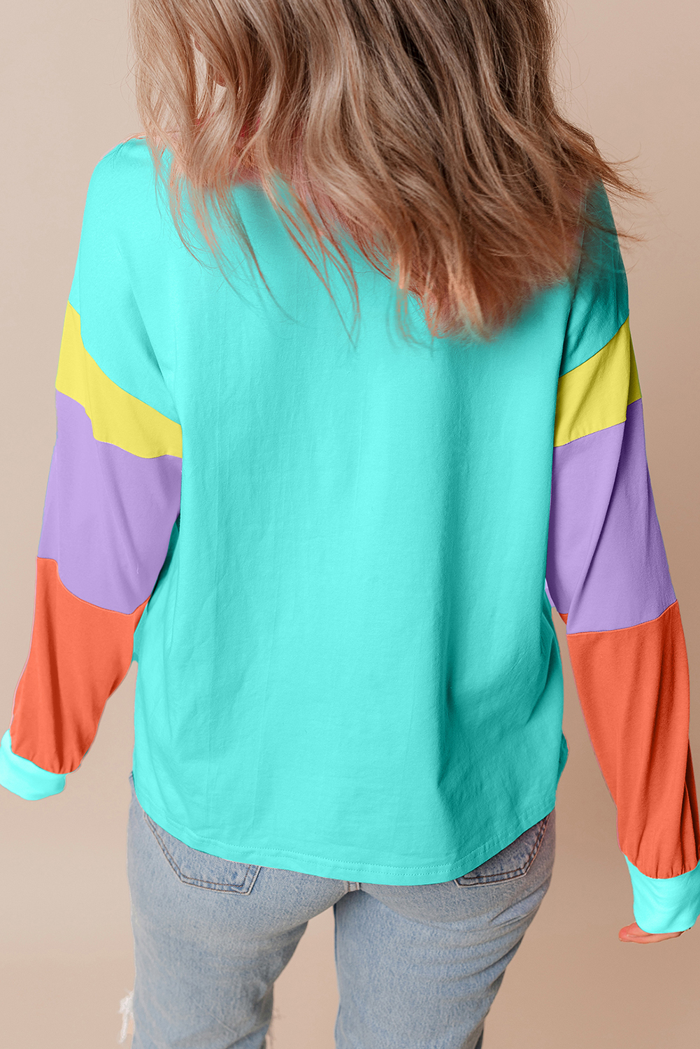 Comfortable Loose-Fit Round Neck Top for Daily Wear - Light Blue & Green - Detail View 7