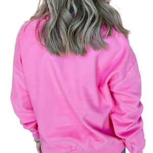 Women's Bright Pink Half Button Stand Neck Drop Shoulder Sweatshirt - Casual Long Sleeve Top - Main View