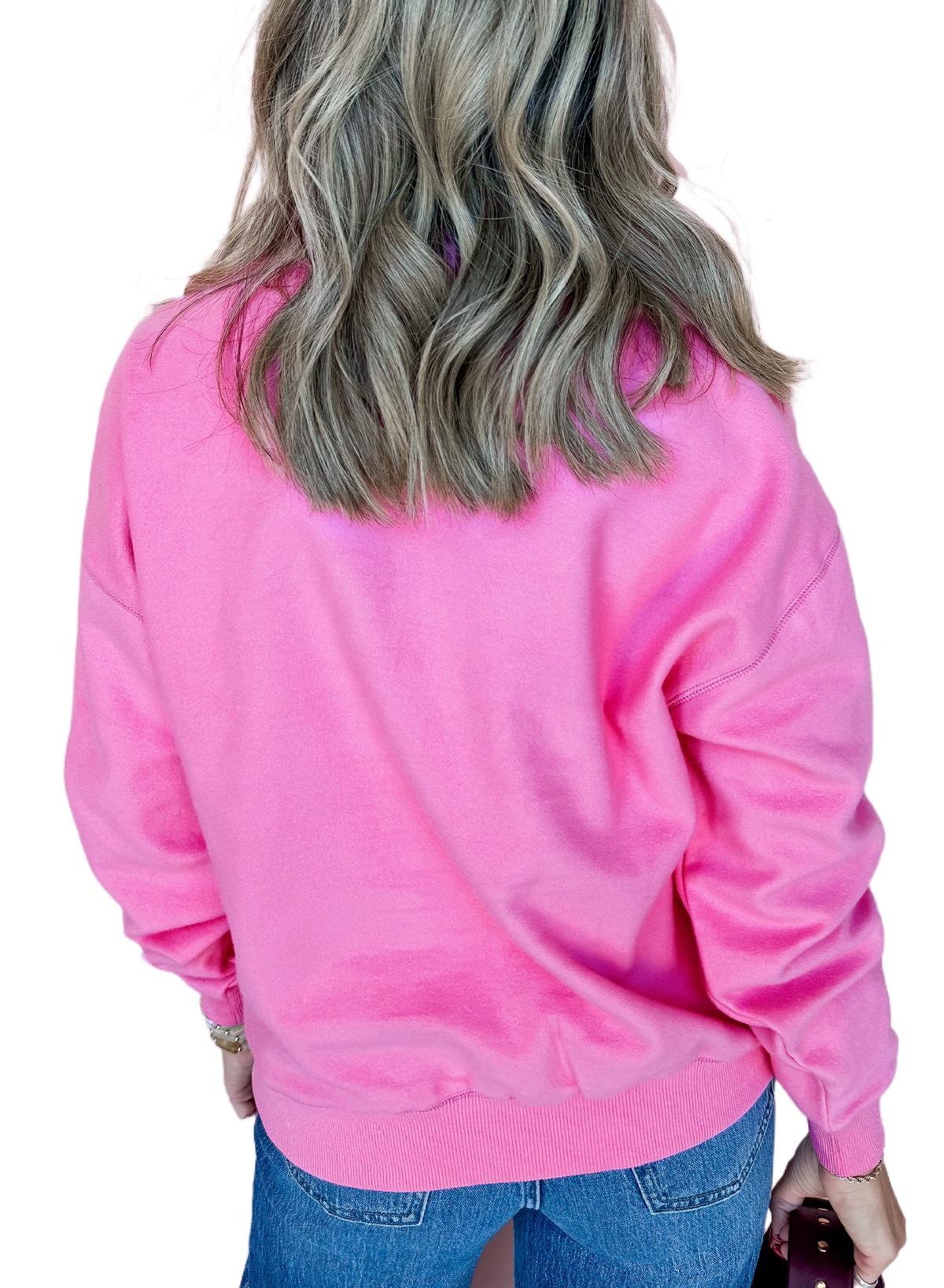 Women's Bright Pink Half Button Stand Neck Drop Shoulder Sweatshirt - Casual Long Sleeve Top - Main View