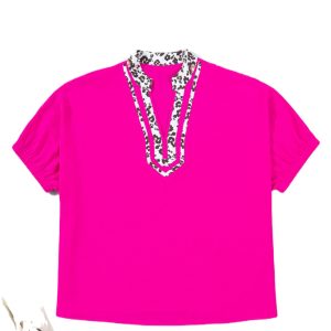 Women's Plus Size Rose Red Top – Leopard Print Colorblock V-Neck Short Sleeve Shift Blouse