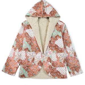 Vintage Khaki Floral Printed Sherpa Lined Hooded Jacket for Women - Main View