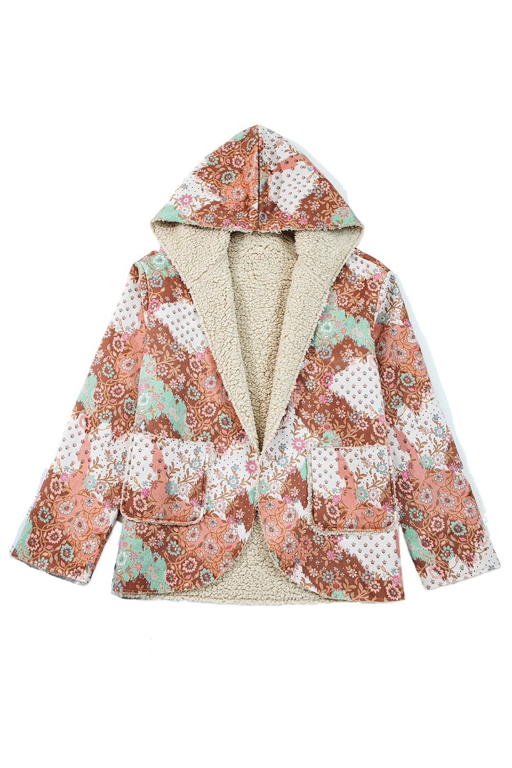 Vintage Khaki Floral Printed Sherpa Lined Hooded Jacket for Women - Main View