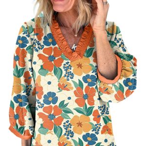 Women's Orange Frilled V-Neck Floral Print Blouse with Bracelet Sleeves – Casual Daily Wear for Southern Belle Style