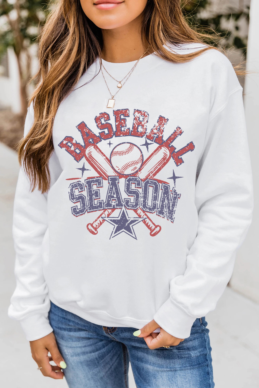 Women's White Vintage BASEBALL SEASON Graphic Sweatshirt - Retro Team Pride - Detail View 5