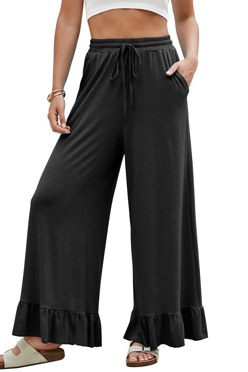 Women's Pants, Black Wide Leg, High Waist, Ruffled Design, Casual Style, Pull-On Trousers, Pockets, Solid Color, Comfortable Fit, Daily Wear, Fall Fashion, Versatile Bottoms - Detail View 12