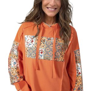 Flamingo Mix Floral Patchwork Side Slit Drawstring Hoodie for Women - Main View