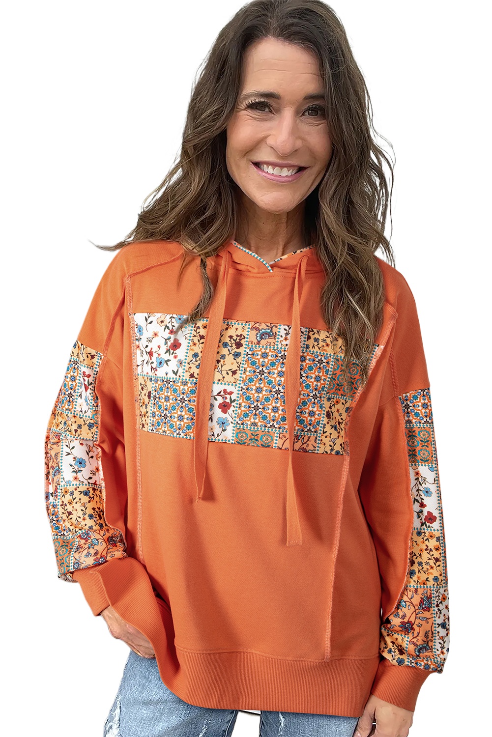 Flamingo Mix Floral Patchwork Side Slit Drawstring Hoodie for Women - Main View