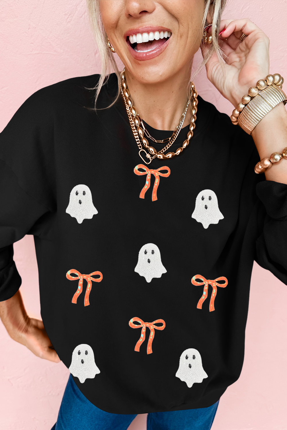 Casual Long Sleeve Black Sweatshirt with Halloween Ghost Design and Bow Detail - Detail View 6