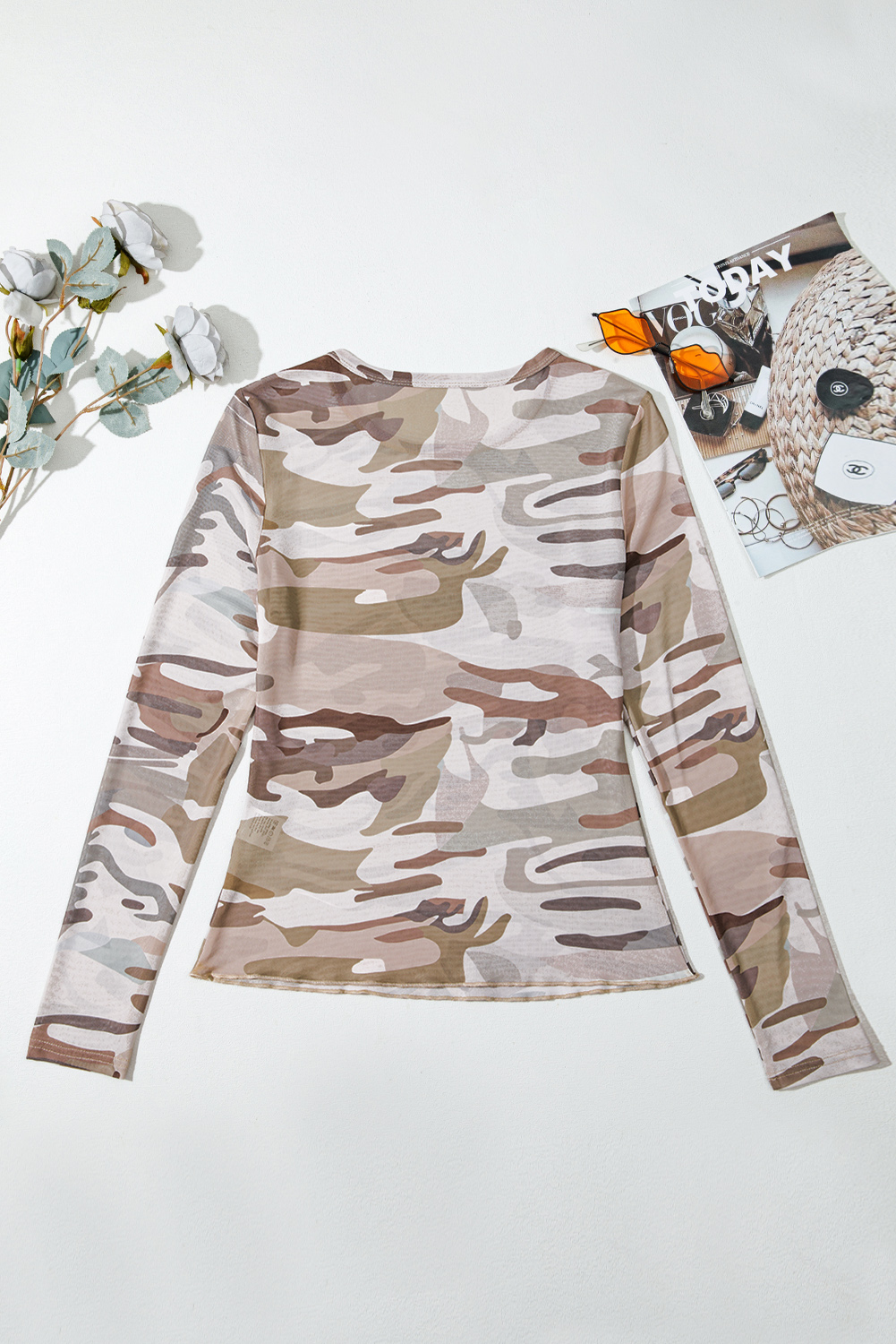Women's Green Camouflage Print Mesh Long Sleeve Top - Trendy Western Style - Detail View 5