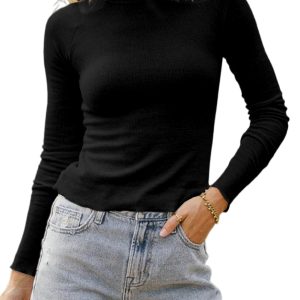 Women's Black Ribbed Knit High Neck Long Sleeve Top with Lettuce Trim - Main View