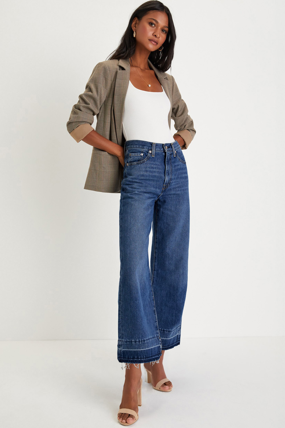 Women's Real Teal Raw Hem Straight Leg High Waist Jeans - Casual Loose Fit - Detail View 5