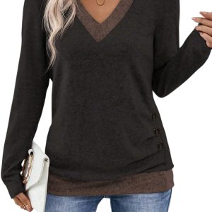 Women's Chicory Coffee Color Block V-Neck Long Sleeve Top for Daily Wear