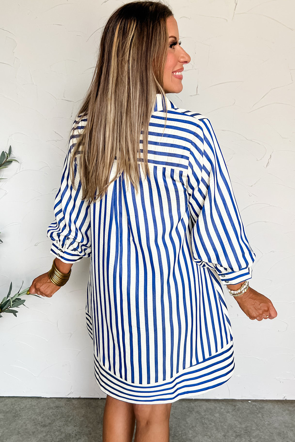 Casual H-Line Silhouette Blue Striped Short Dress - Perfect for Spring - Detail View 2