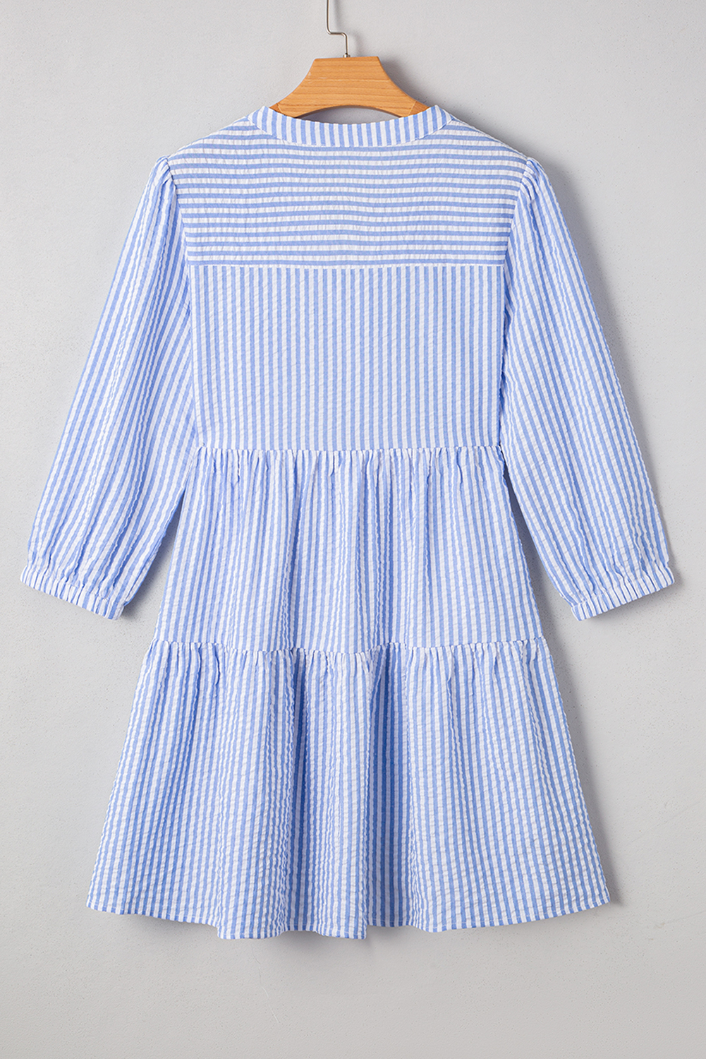 Women's Dress, Sky Blue, Stripe Pattern, Bracelet Sleeves, Tiered Design, Shift Fit, V Neck, Casual Style, Pockets, Spring Fashion, Elegant Mini Dress, A-Line Silhouette, Comfortable Wear, Daily Occasion - Detail View 8