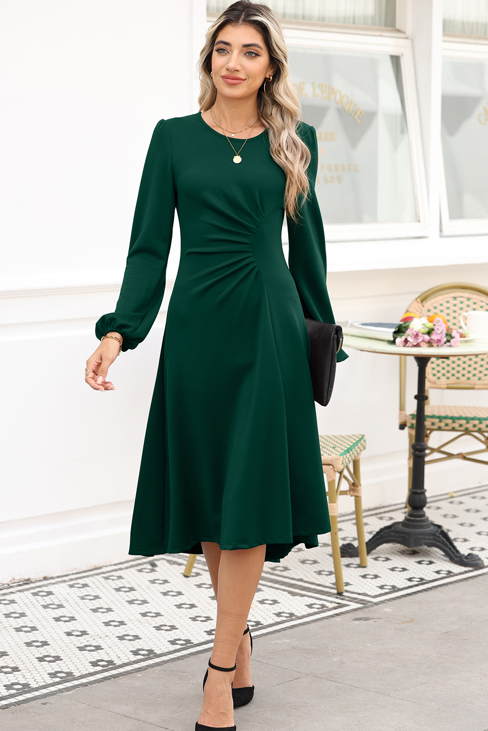 Elegant Blackish Green Solid Color Ruched Detail Long Sleeve Midi Dress - Detail View 5