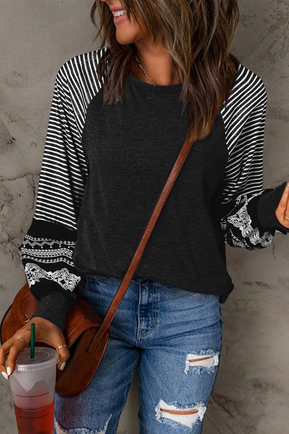 Casual Black Striped Raglan Top with Long Sleeves for Daily Wear - Detail View 6