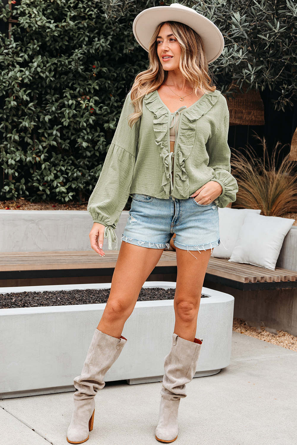 Elegant Long Sleeve Gauze Blouse in Solid Green - Ideal for Spring, Fall, and Beach Vacation - Detail View 7