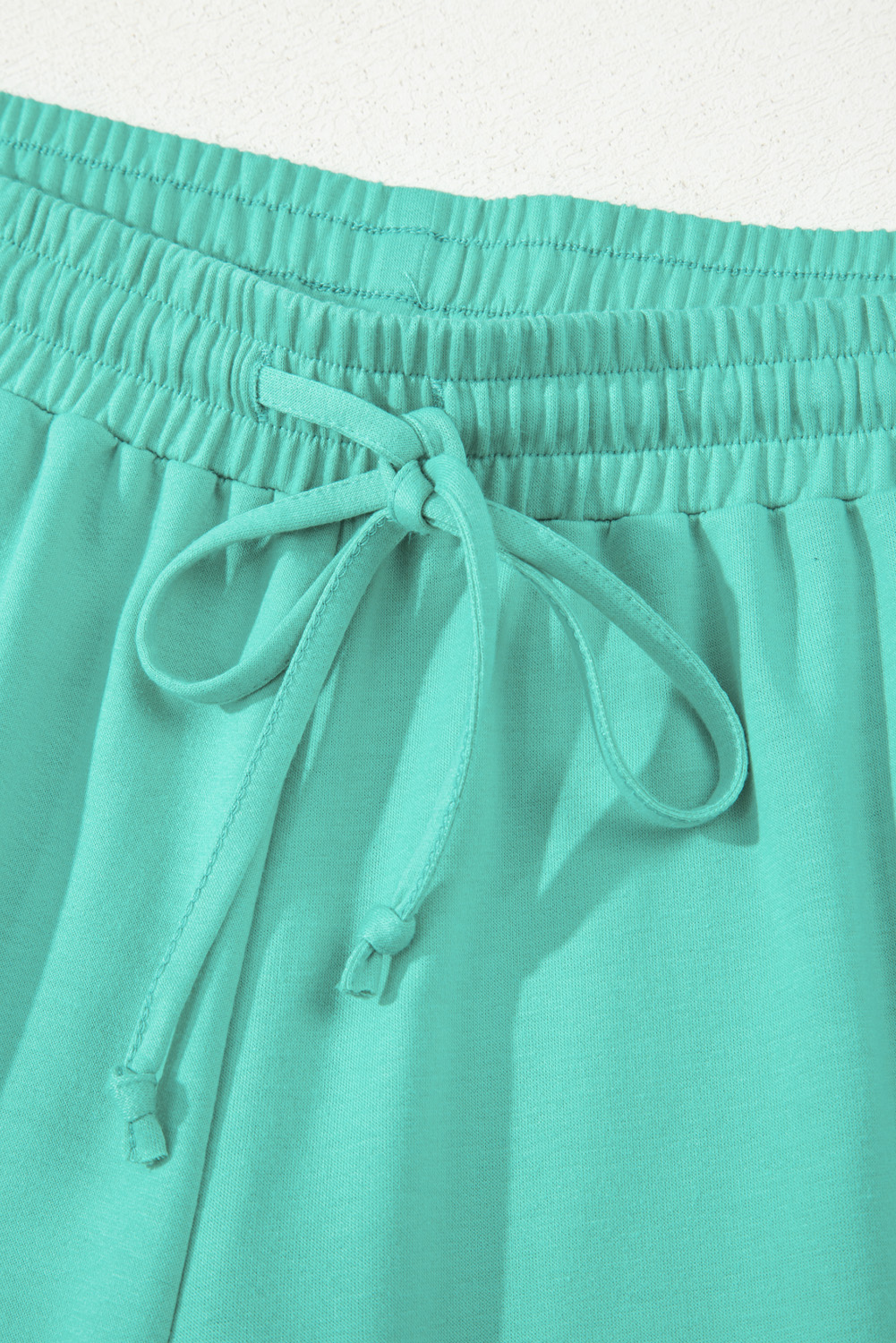 Plus Size Sea Green Drop Shoulder V Neck Pullover Top and Drawstring Shorts Set - Detail View 13