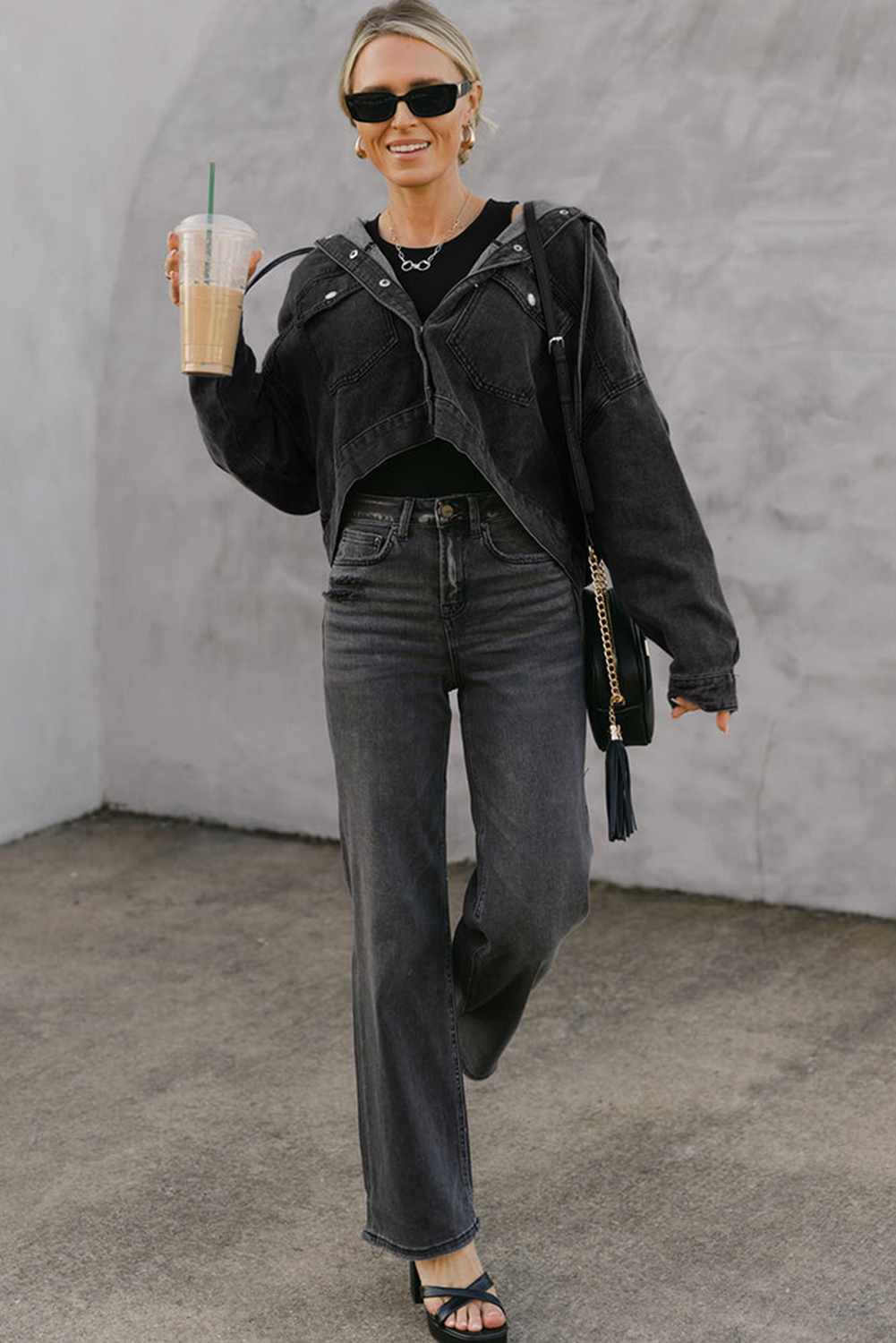 Women's Black Hooded Denim Jacket with Big Chest Pocket - Casual Drop Shoulder Design - Detail View 5