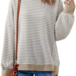 Women's Brown Stripe Ribbed Trim Drop Shoulder Long Sleeve Oversize Top - Main View