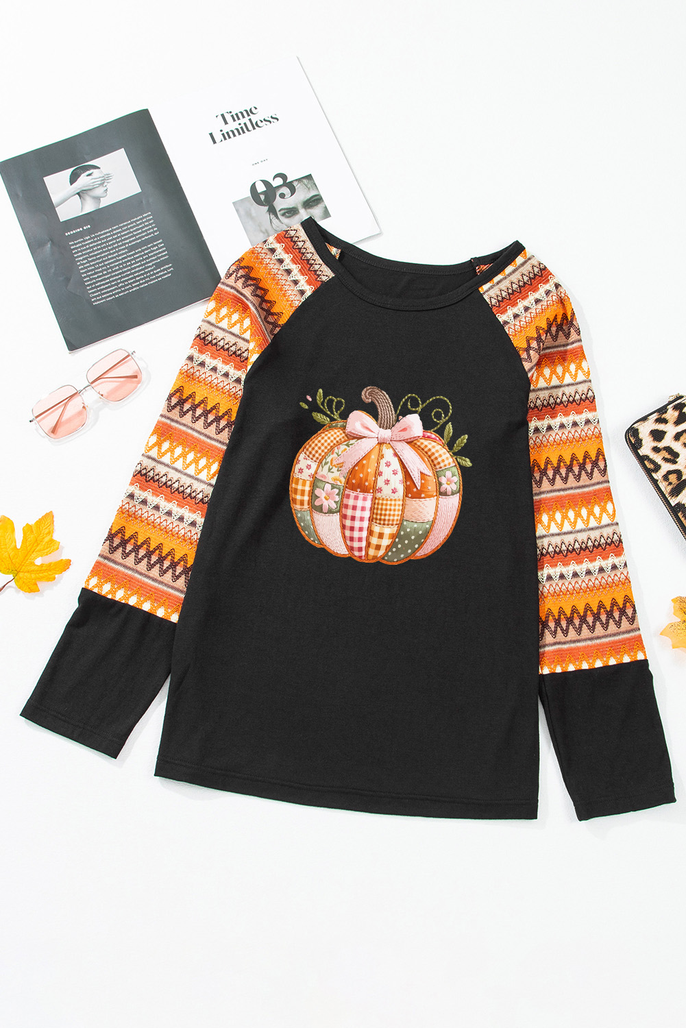 Fall Inspired Casual Tee with Pumpkin Graphic and Striped Design - Long Sleeve - Detail View 2