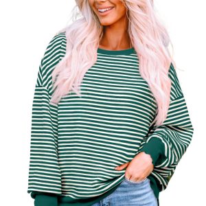 Women's Green Stripe Loose Drop Shoulder Long Sleeve Top for Casual Fall Wear - Main View