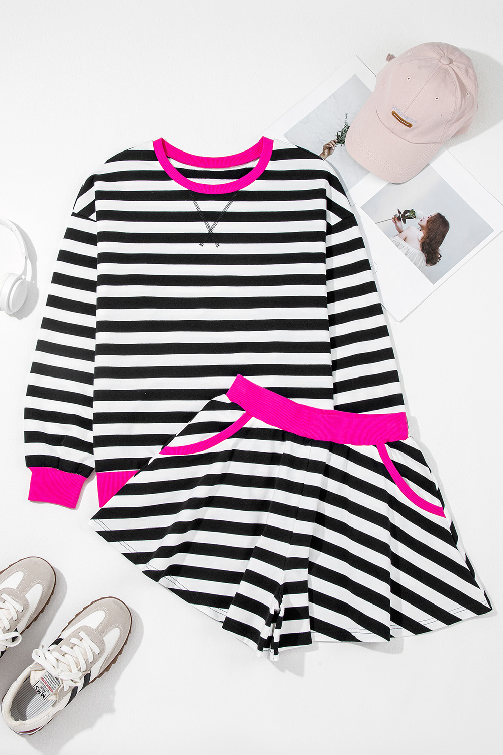 Casual Chic Women's Outfit – Striped Contrast Blouse and Comfortable Shorts for Fall - Detail View 7