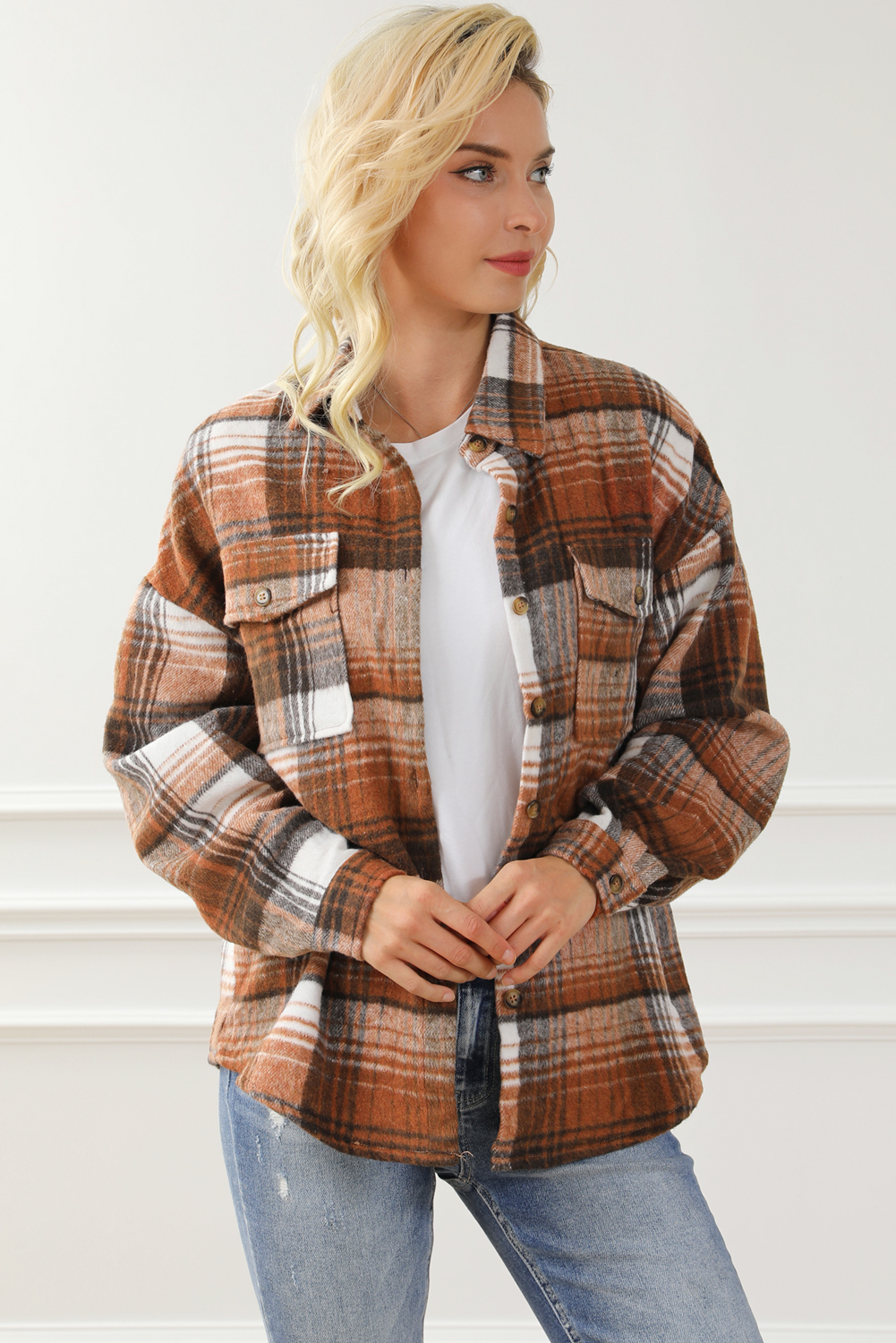 Trendy Long Sleeve Brown Plaid Shacket with Flap Pockets for Daily Wear - Detail View 10