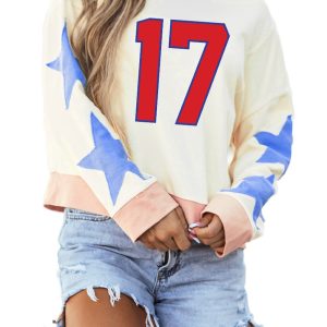 Women's Beige Cropped Sweatshirt with Number 17 and Star Print Patches - Main View