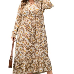 Women's Khaki Abstract Plant Print Maxi Dress – Bohemian Style for Everyday Elegance