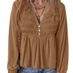 Cinnamon Smocked Bust Blouse: Buttoned Split V Neck Long Sleeve Top - Main View