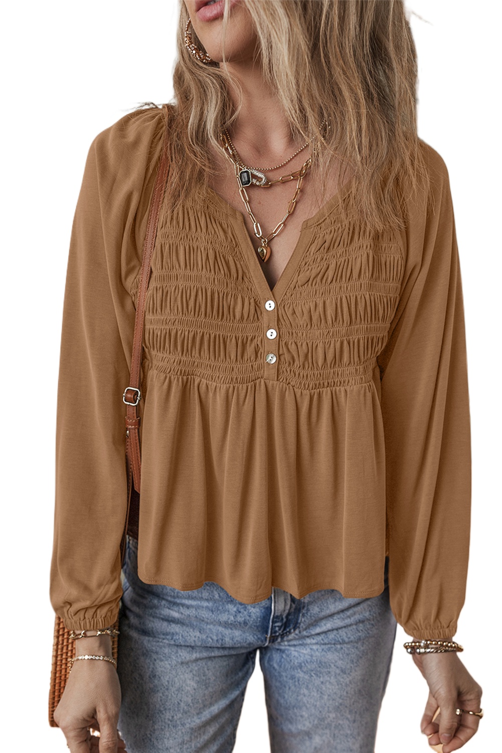 Cinnamon Smocked Bust Blouse: Buttoned Split V Neck Long Sleeve Top - Main View