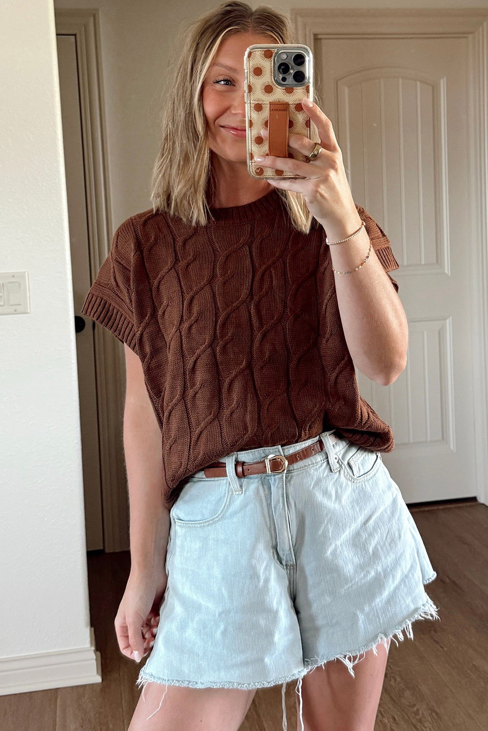 Casual Dark Brown Short Sleeve Sweater with Cable Knit Design - Perfect for Fall - Detail View 10