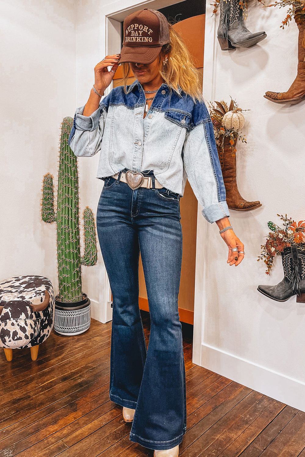 Women's Dusk Blue Color Block Patchwork Distressed Denim Jacket with Flap Detail - Detail View 5